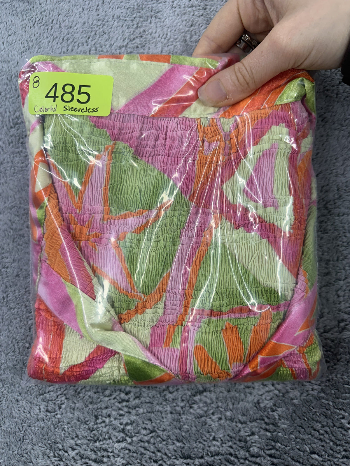 Vintage Y2K Sleeveless Collared Top Bright Orange Pink Green Geometric Print