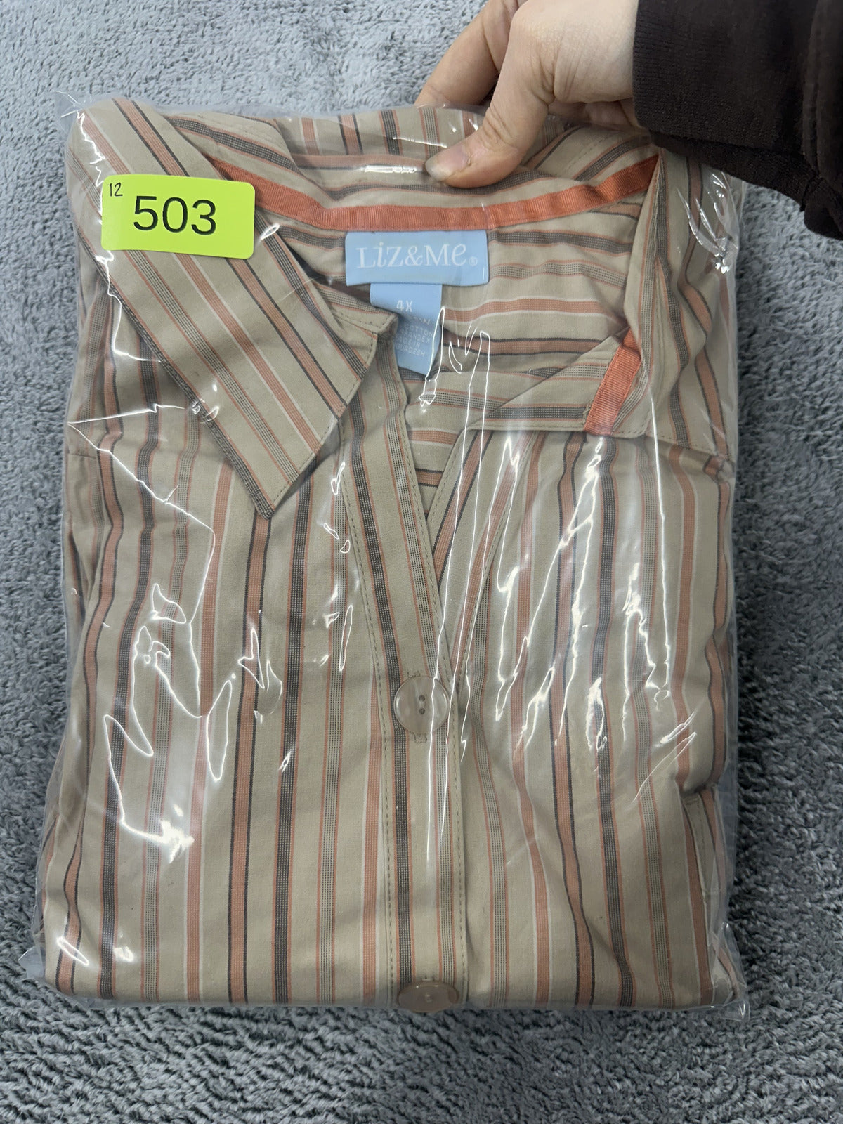 Liz&Me Striped Button Front Shirt Blouse Beige Brown Relaxed Fit