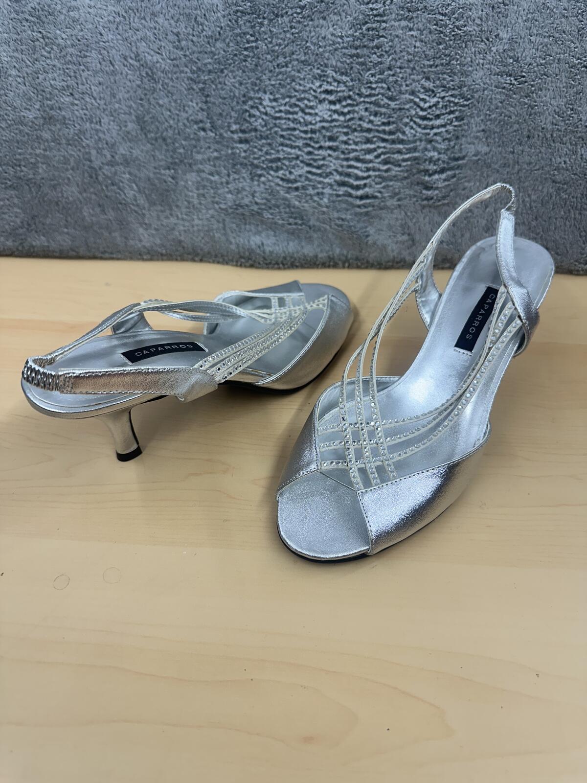 Caparros Silver Slingback Heels Elegant Metallic Strappy Open Toe Sandals