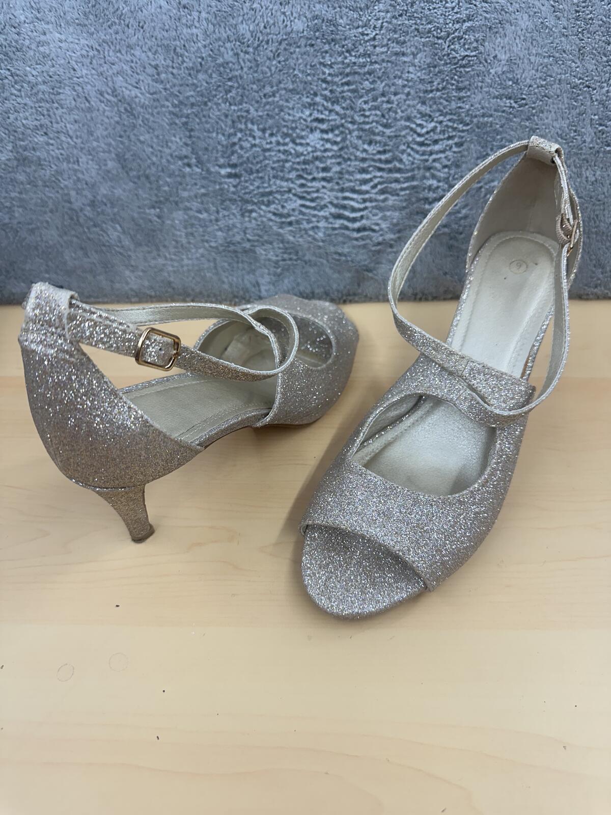 Champagne Glitter Heeled Sandals Gold Beige Party Formal Vintage Glam