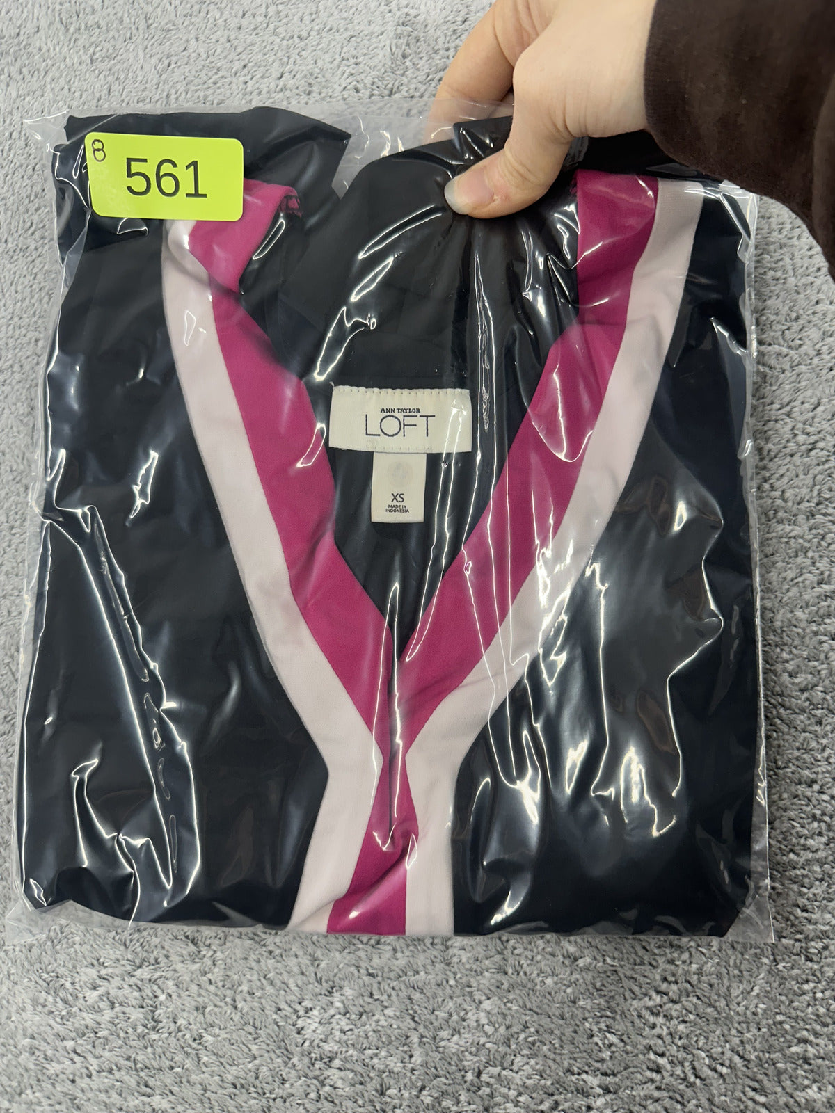 Ann Taylor LOFT Black Long Sleeve Colorblock Top with Pink and White V Neck