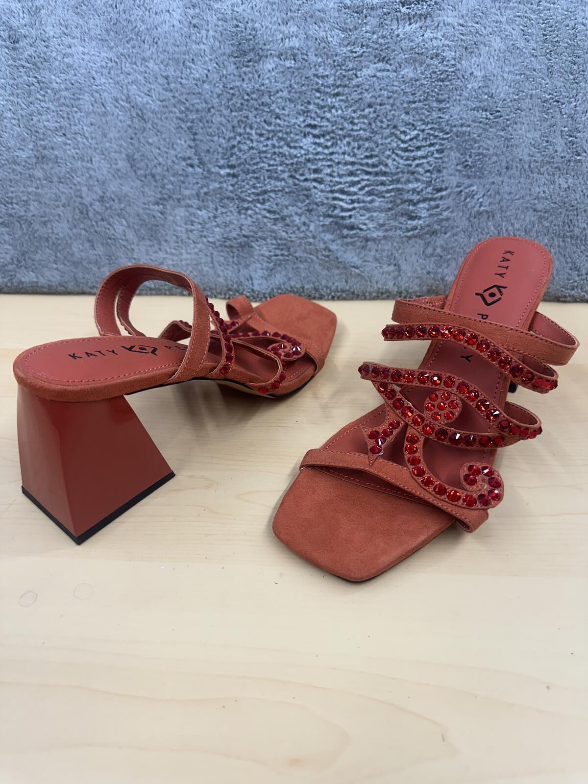 Katy Perry Red Orange Gem Embellished Block Heel Sandals