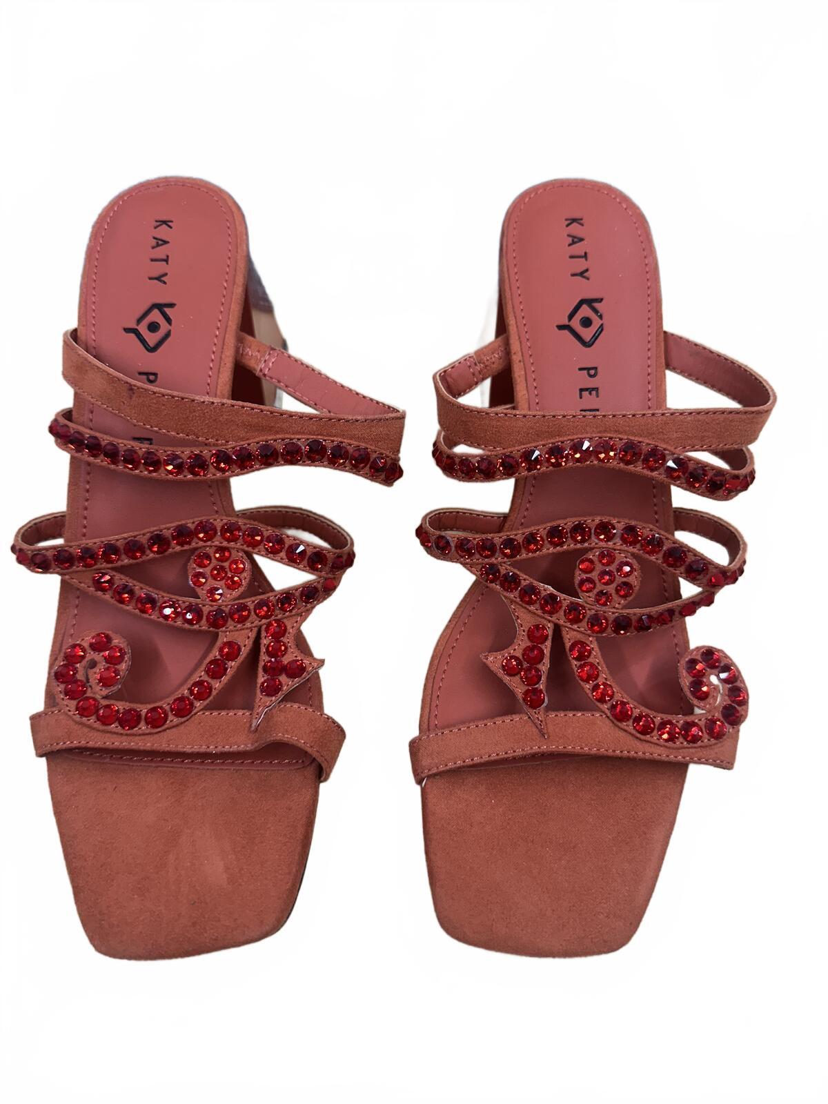 Katy Perry Red Orange Gem Embellished Block Heel Sandals