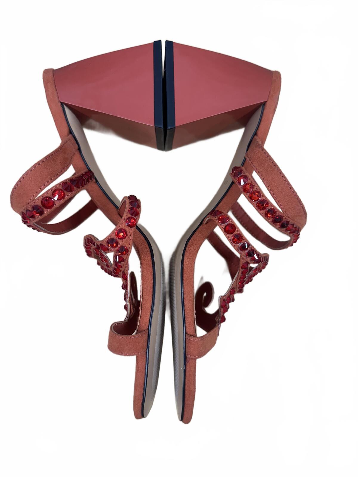 Katy Perry Red Orange Gem Embellished Block Heel Sandals