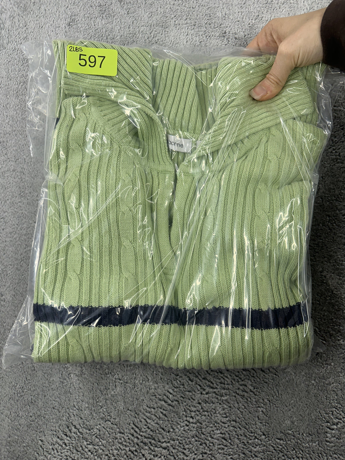 Liz Claiborne Lime Green Navy Cable Knit Sweater with Split Collar Polo Neck 90s