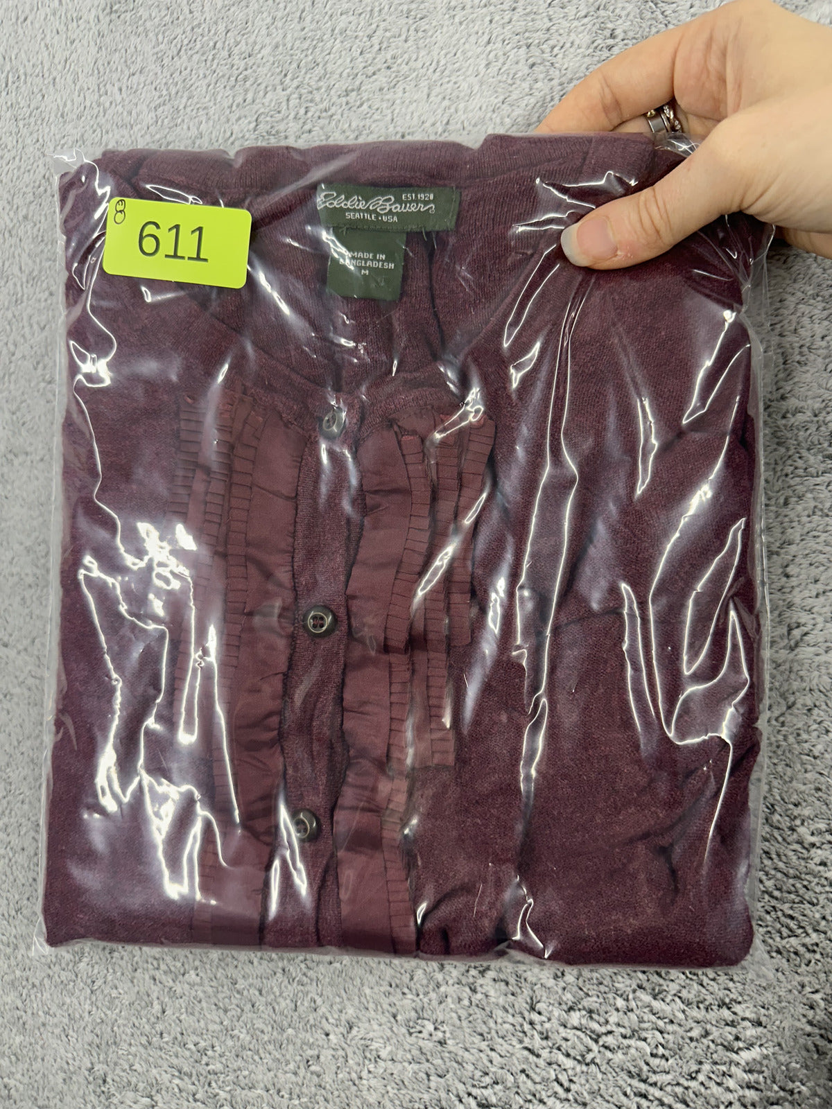 Eddie Bauer Burgundy Ruffle Trim Button Front Cardigan Sweater Knit