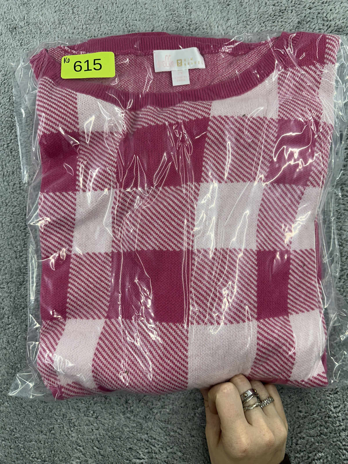 Belle Kim Gravel Pink and White Checkered Oversized Sweater Casual Knit