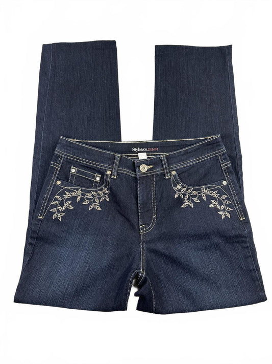 Style & Co. Dark Blue Embroidered Denim Jeans Straight Leg Classic Y2K