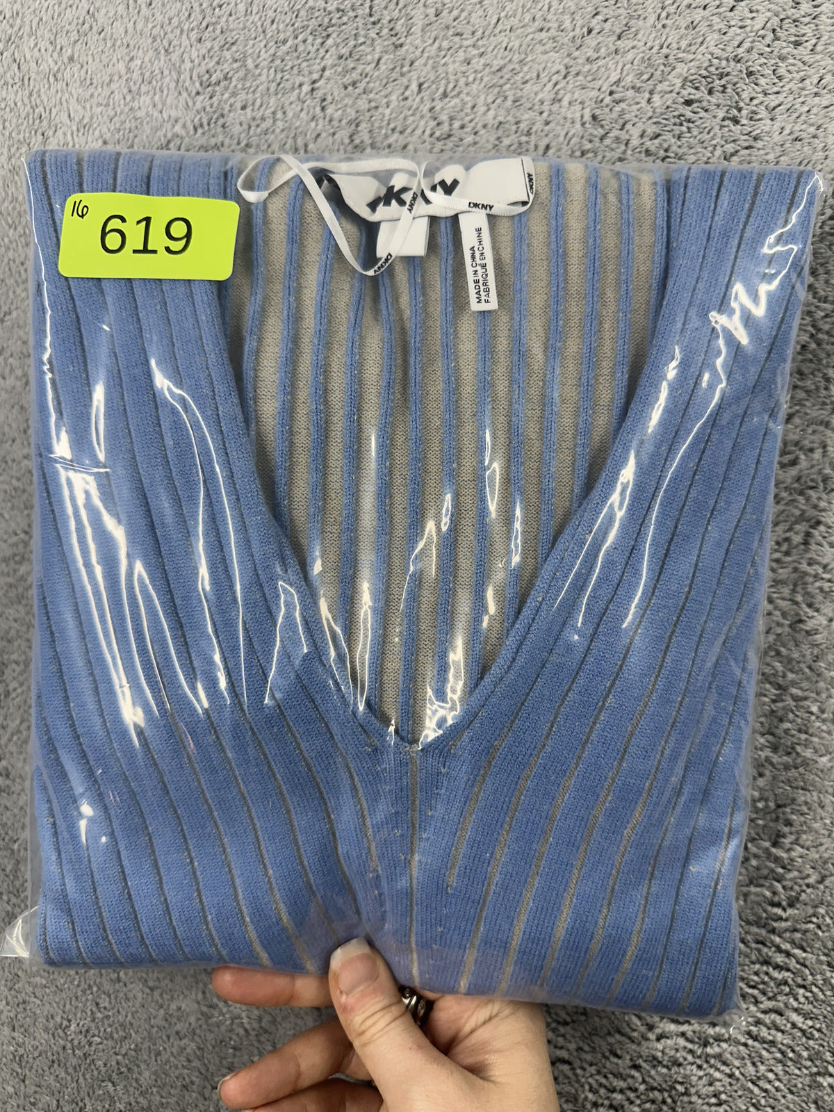 DKNY Blue Ribbed V Neck Sweater with Metallic Stripes