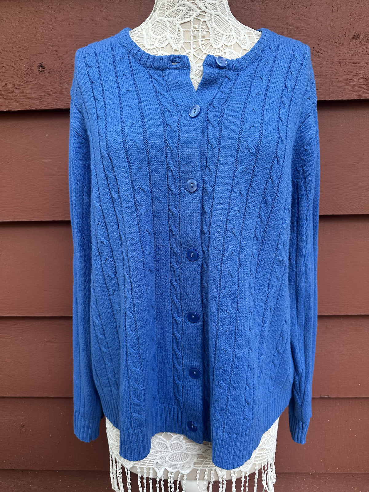 Blue Cable Knit Cardigan Sweater Cozy Classic Button Up
