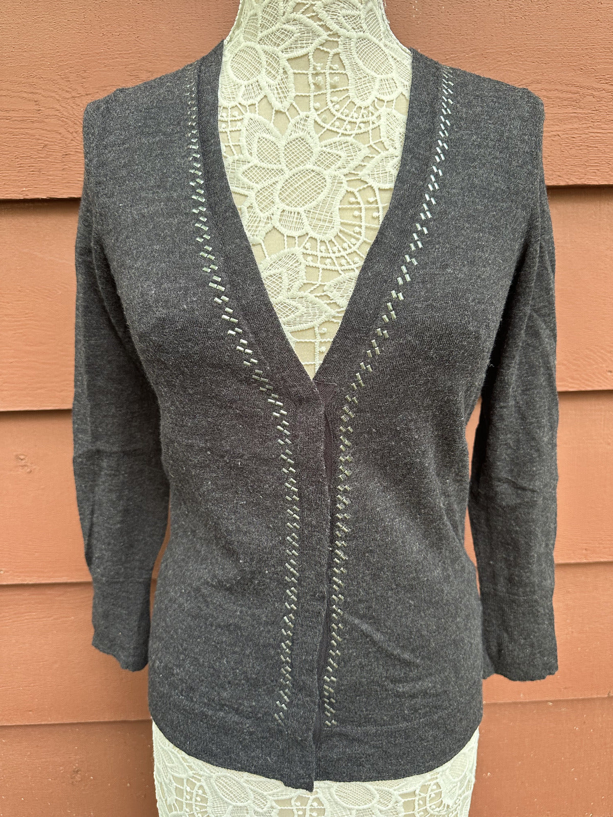 Eddie Bauer Cardigan Gray V Neck Snap Button