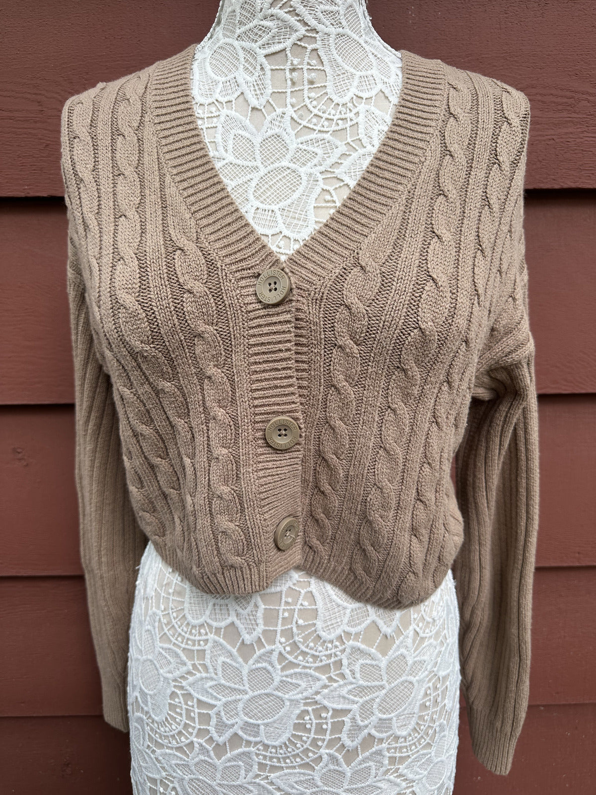 Hollister Co. Cropped Cable Knit Cardigan Sweater in Warm Camel Tan