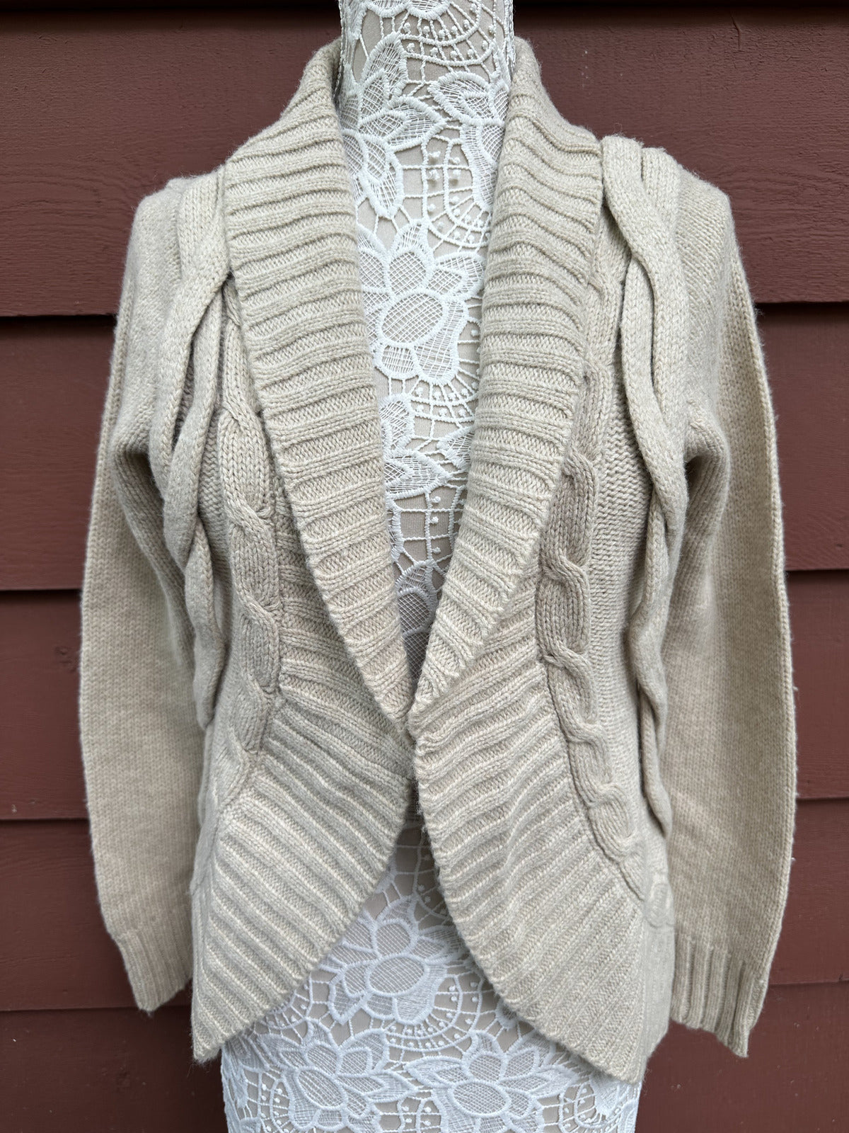 Object Cable Knit Cardigan Shawl Collar Open Front Tan Cream