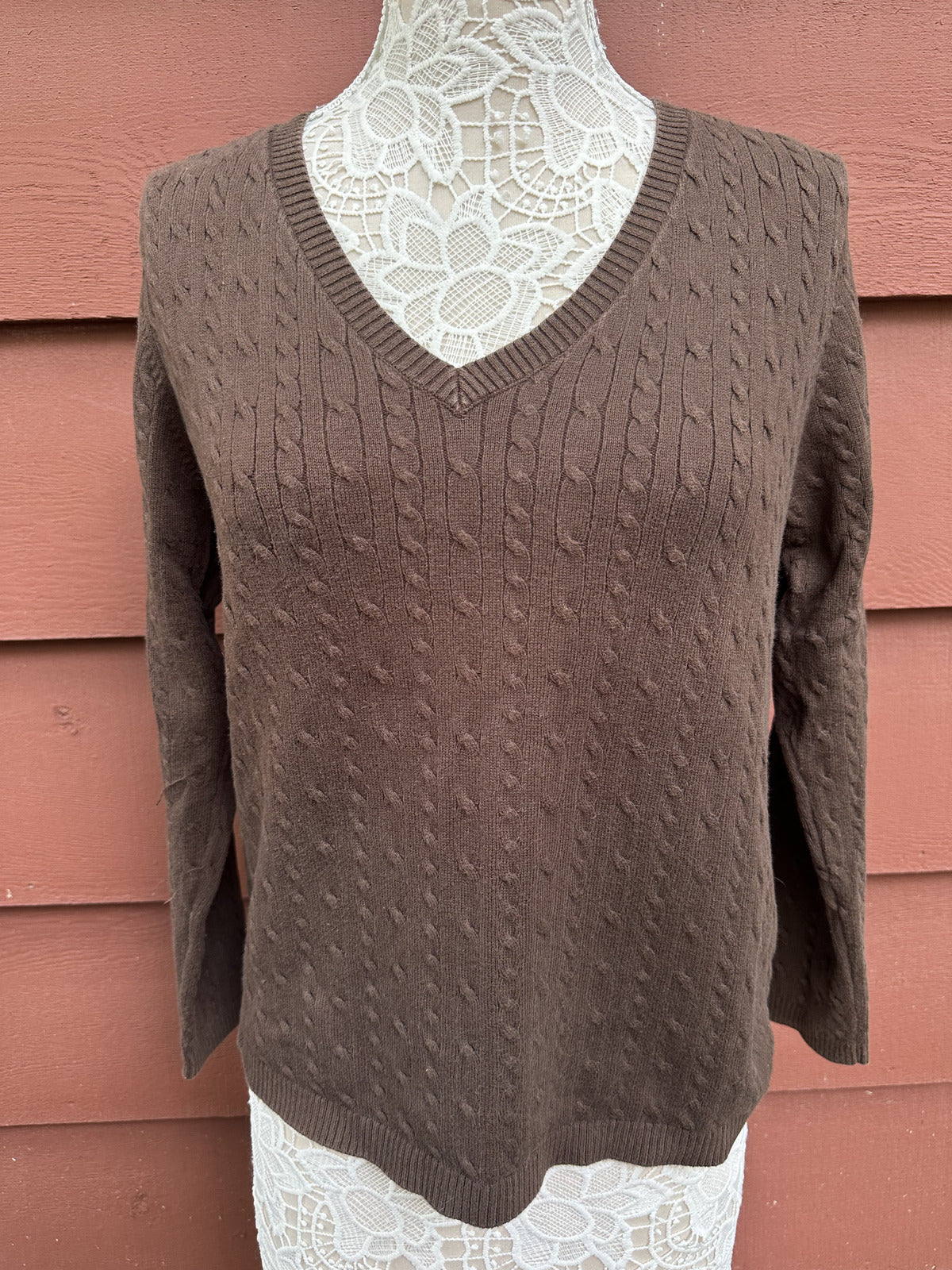 Charter Club Brown Cable Knit V Neck Sweater Modern Preppy