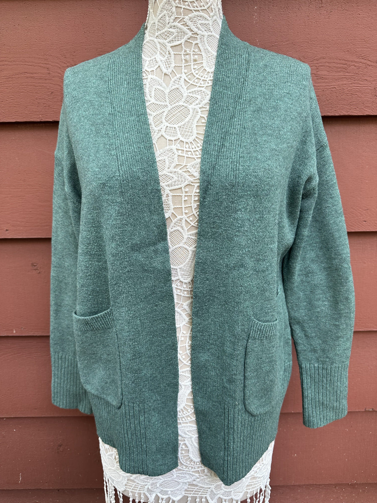 A New Day Green Open Front Boyfriend Cardigan with Pockets Bohemian