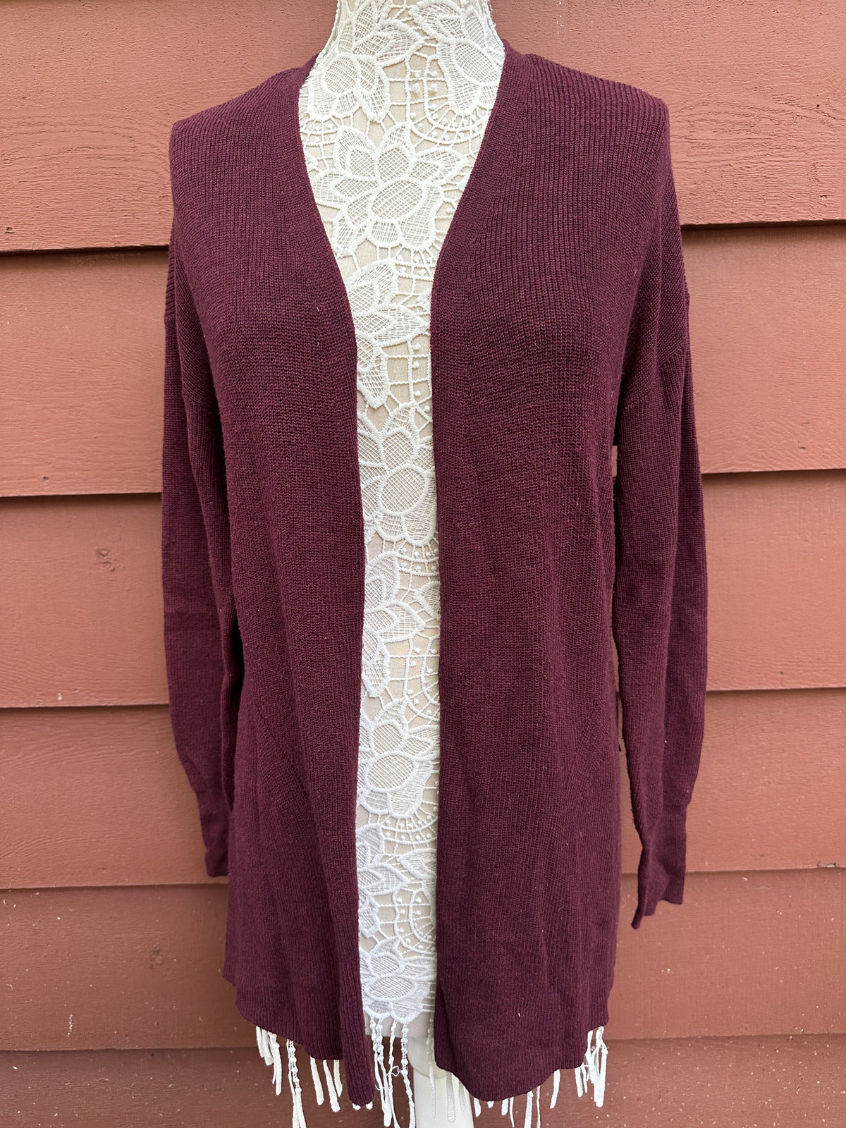 A New Day Burgundy Open Front Knit Cardigan Cozy Casual Layering Sweater