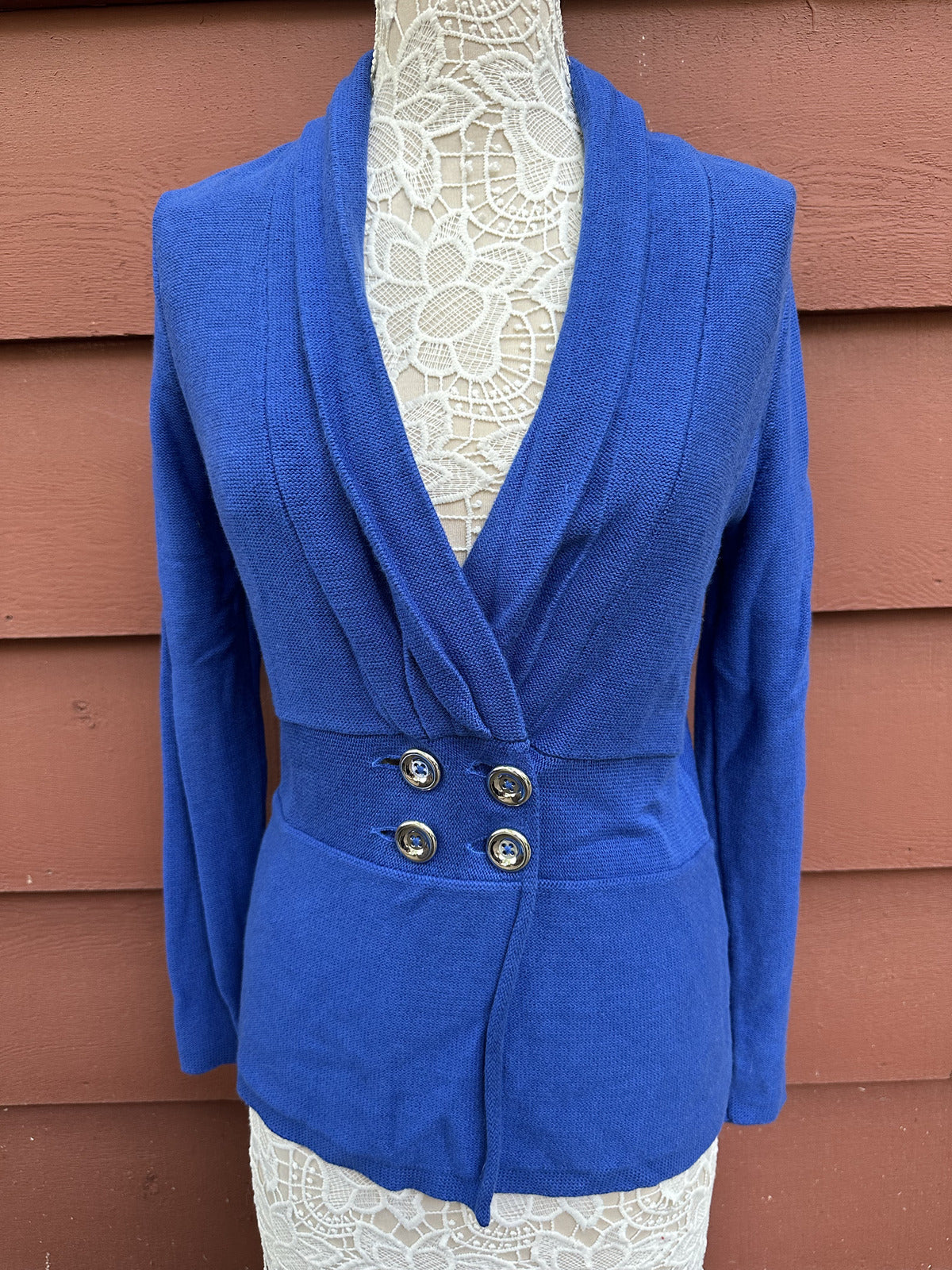 Jones New York Signature Electric Blue Double Breasted Shawl Collar Cardigan