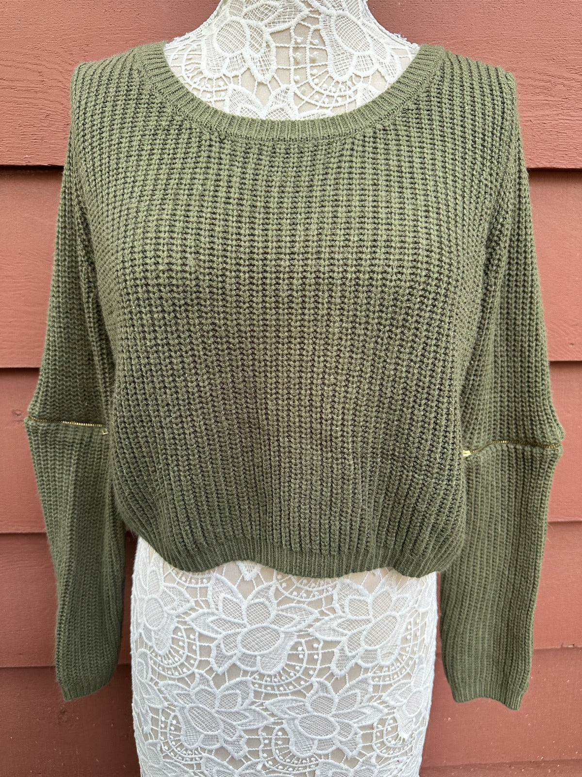 Charlotte Russe Olive Green Cropped Rib Knit Sweater with Sleeve Zippers Y2K