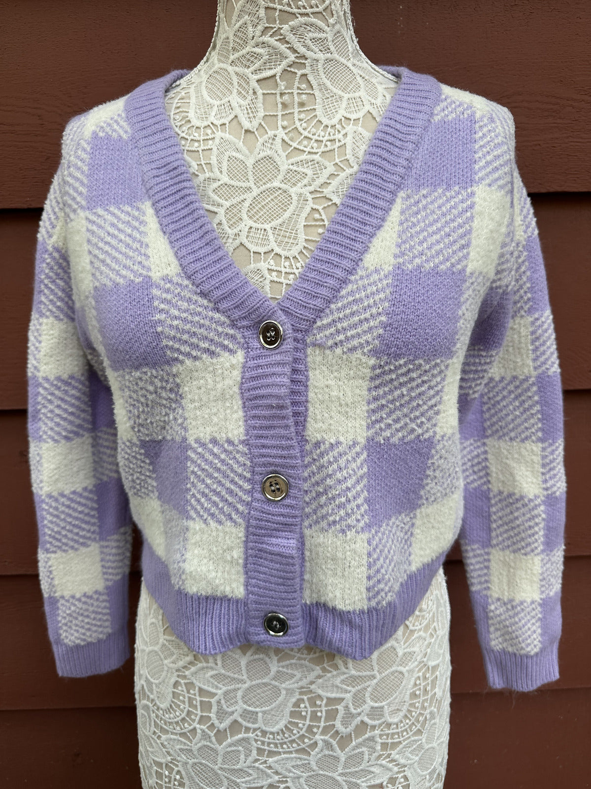 Willow & Wind Lavender White Plaid Cropped Cardigan Sweater Soft Girl Pastel Y2K