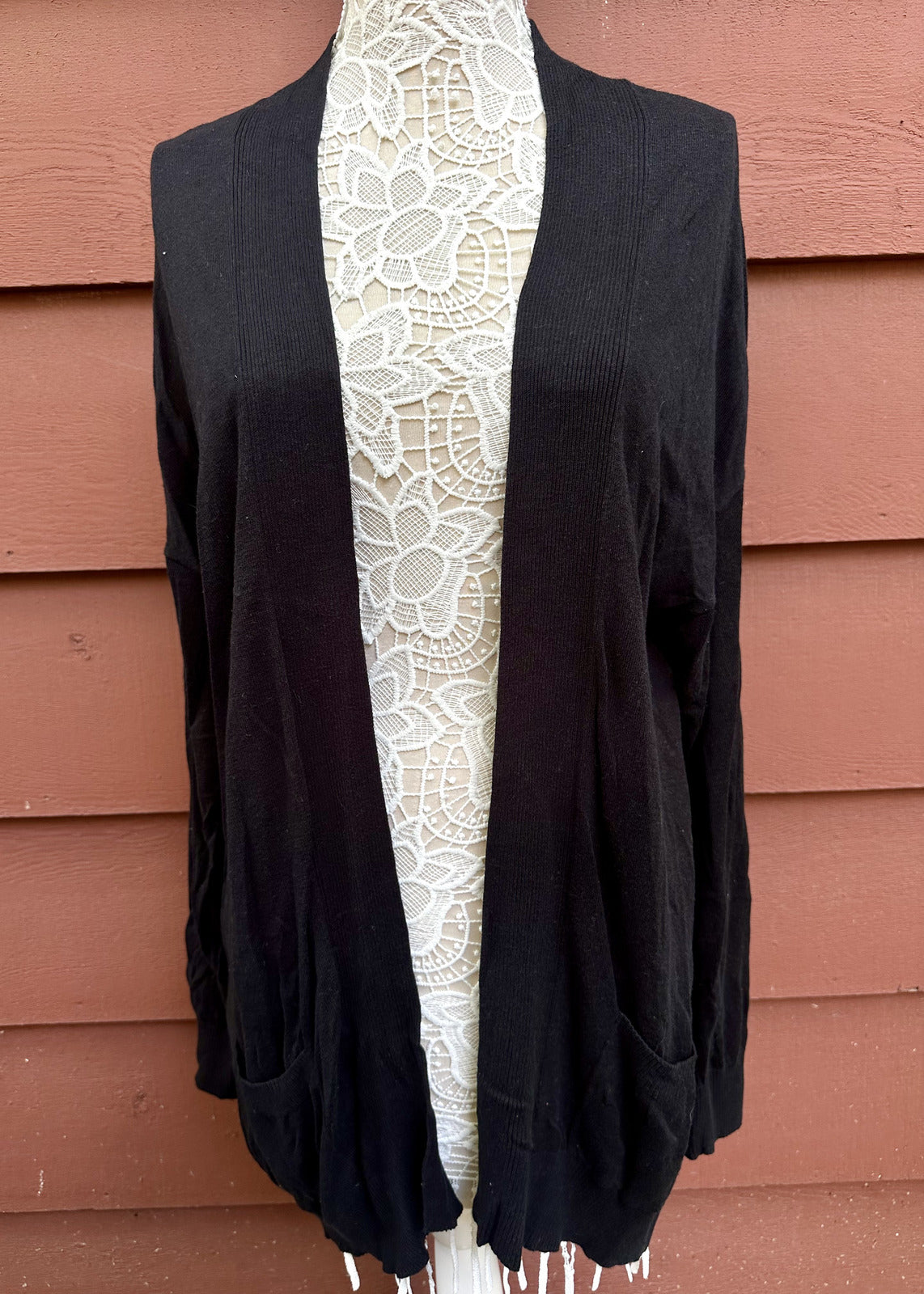 Apt. 9 Black Open Front Cardigan Minimalist Preppy Style with Pocket