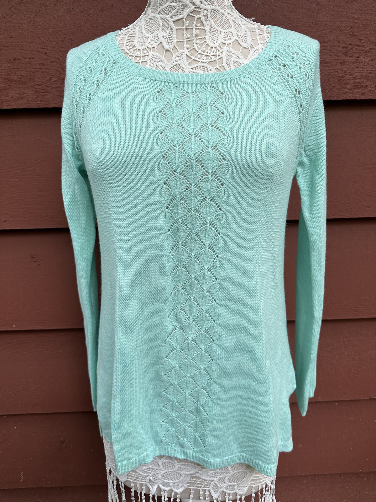 Candie's Vintage Mint Green Crewneck Sweater with Open Knit Crochet Pattern Y2K