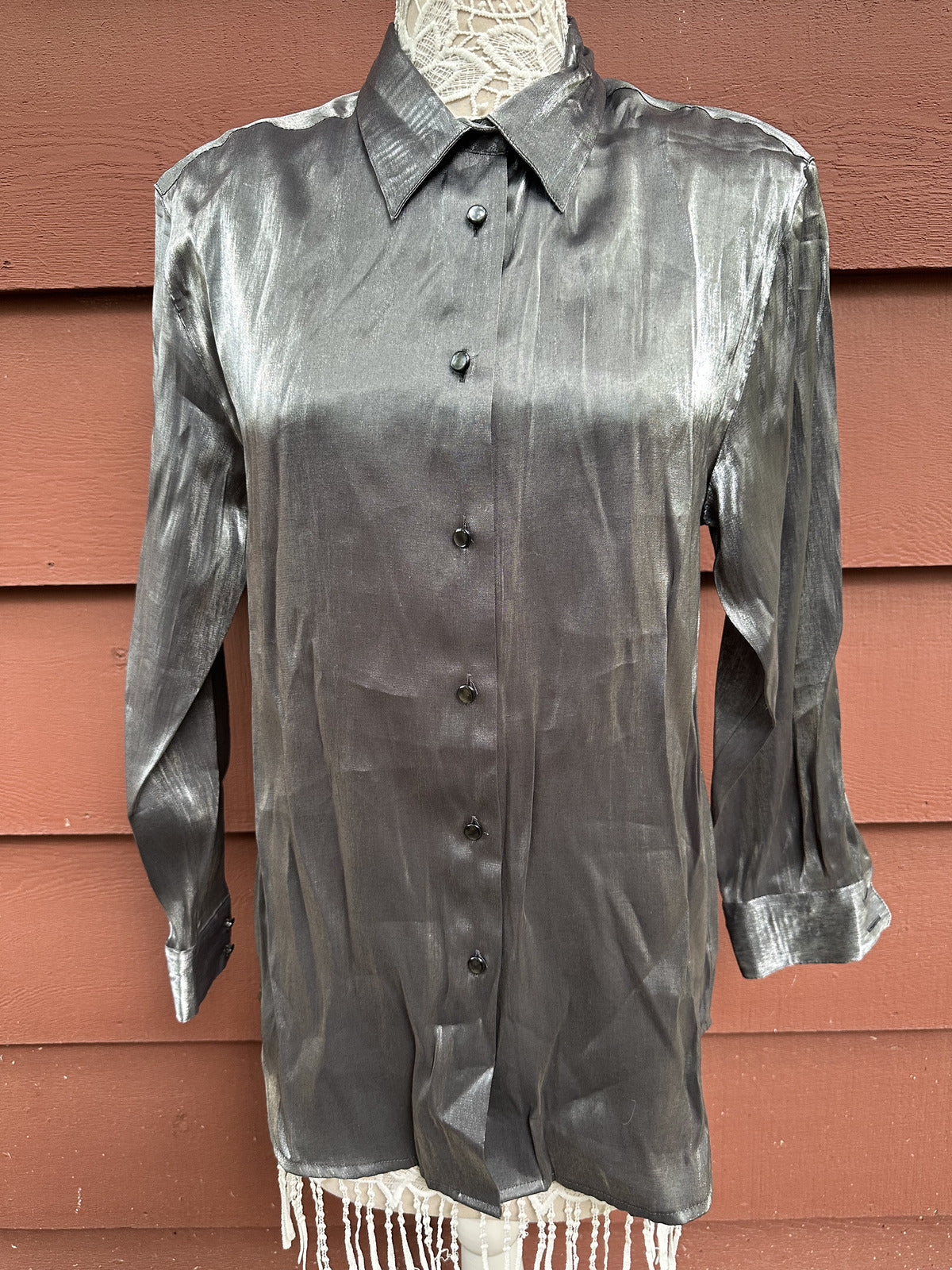 Karen Scott Vintage Metallic Silver Button Up Blouse Y2K Office Formal