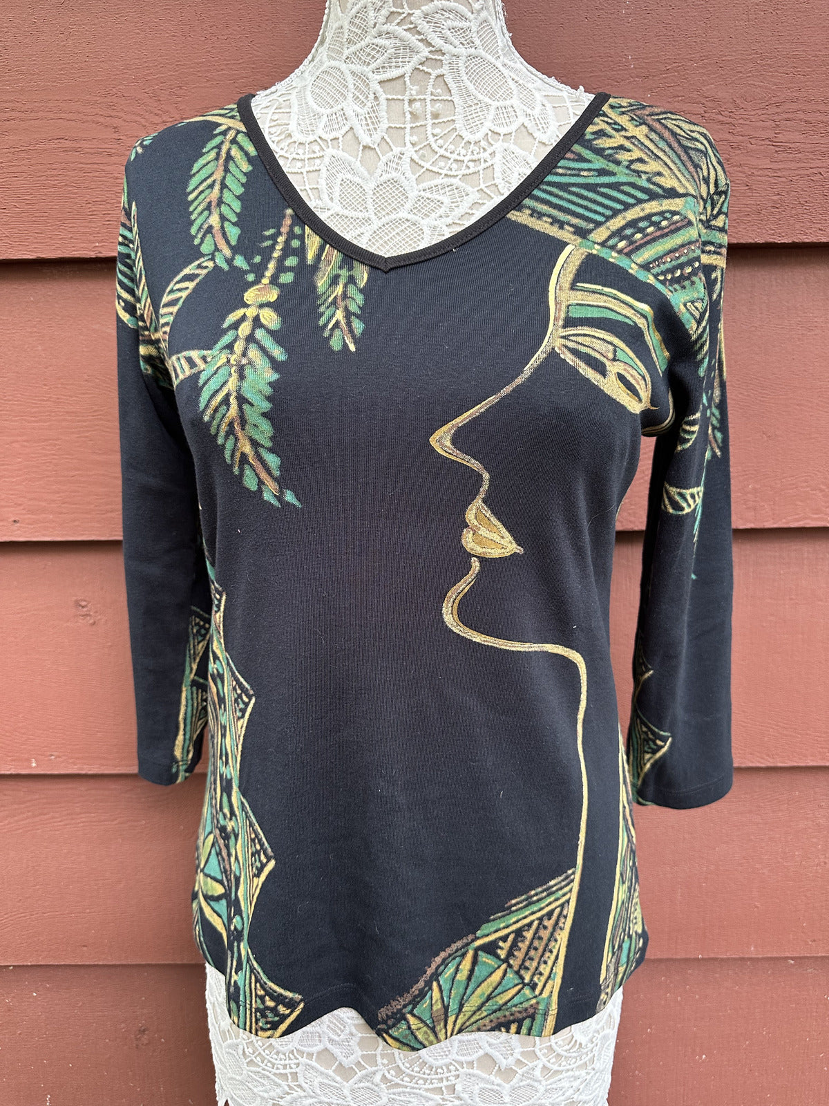 Marietta Artistic Profile Print V Neck Top Black Green Gold Y2K Bohemian