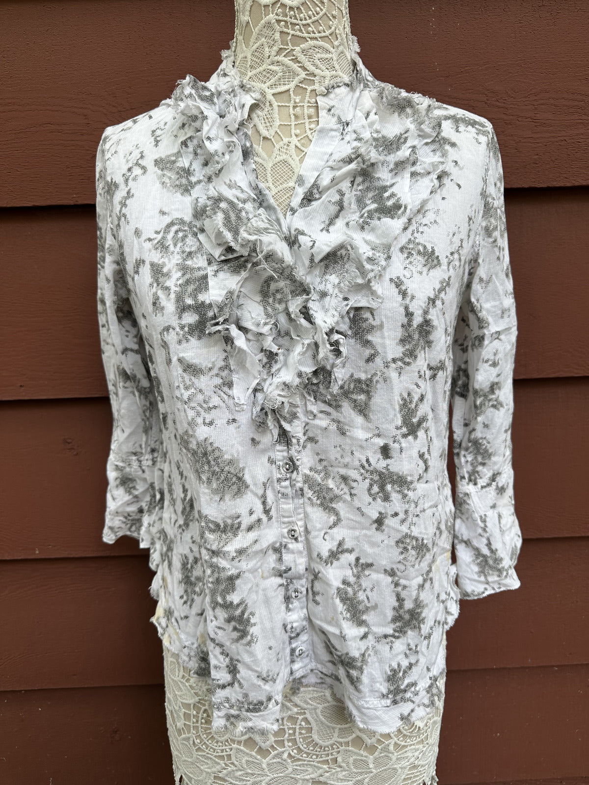 Tribal White Gray Floral Ruffle Button Up Blouse Feminine Bohemian