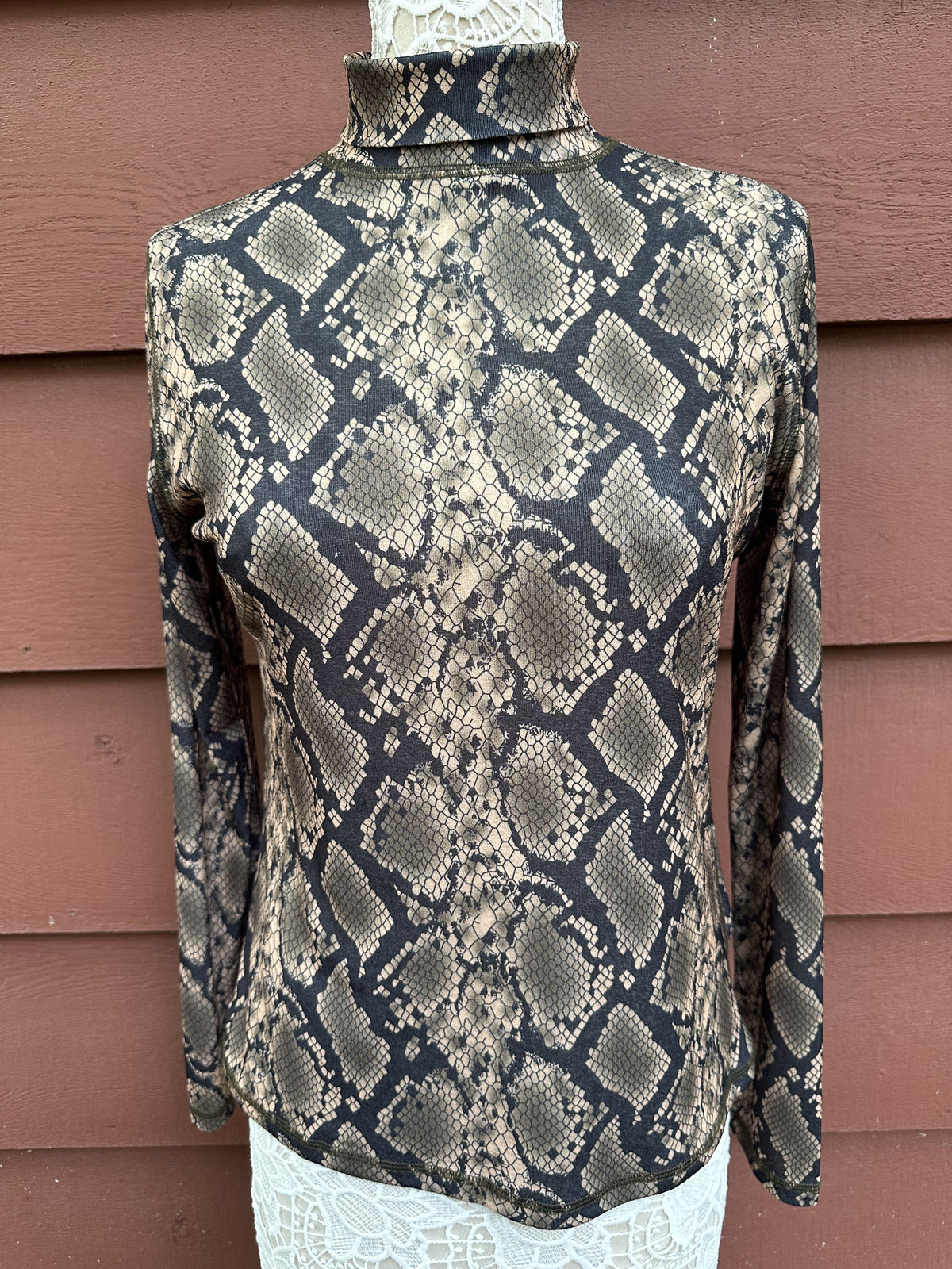 Suncoo Paris Snakeskin Print Turtleneck Top Y2K Mesh Long Sleeve Fitted Stretch