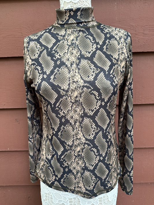Suncoo Paris Snakeskin Print Turtleneck Top Y2K Mesh Long Sleeve Fitted Stretch