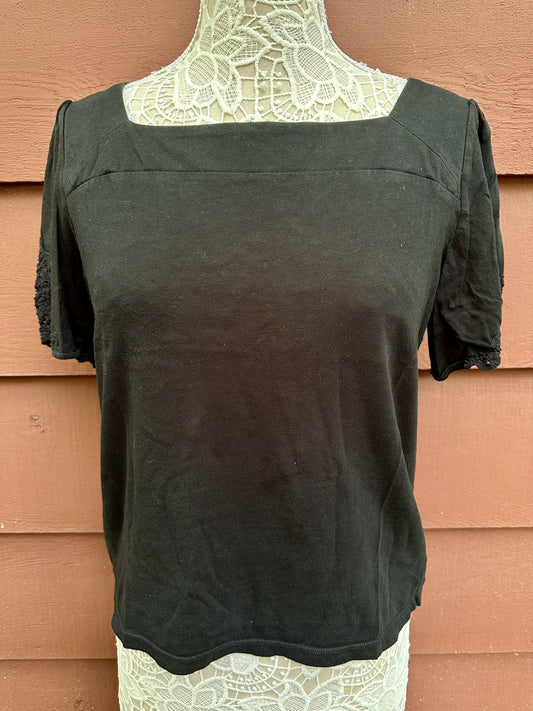Chaps Black Square Neck Lace Sleeve Top Medium Cotton Casual Feminine Style