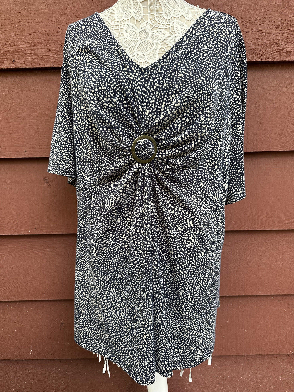 Catherines Navy Blue and White Dot Pattern V Neck Top with Decorative Ring