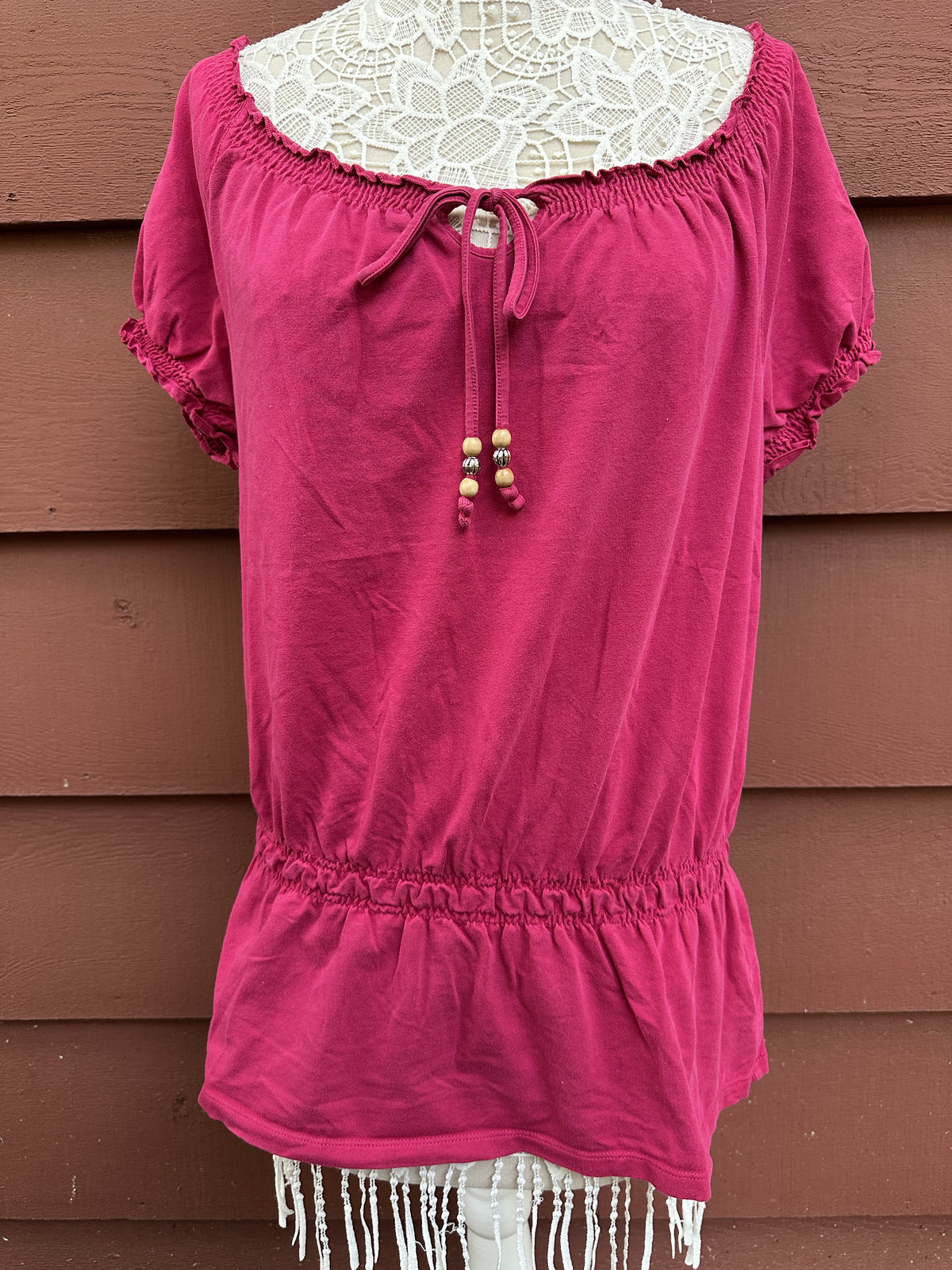 Croft & Barrow Y2K Magenta Peplum Top with Beaded Drawstring