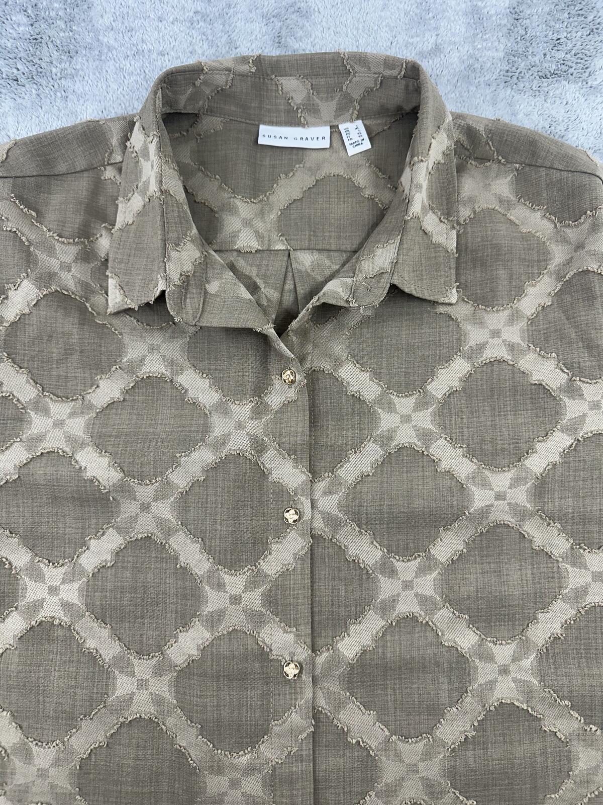 Susan Graver Textured Taupe Button Up Shirt Large Relaxed Fit Long Sleeve Casual