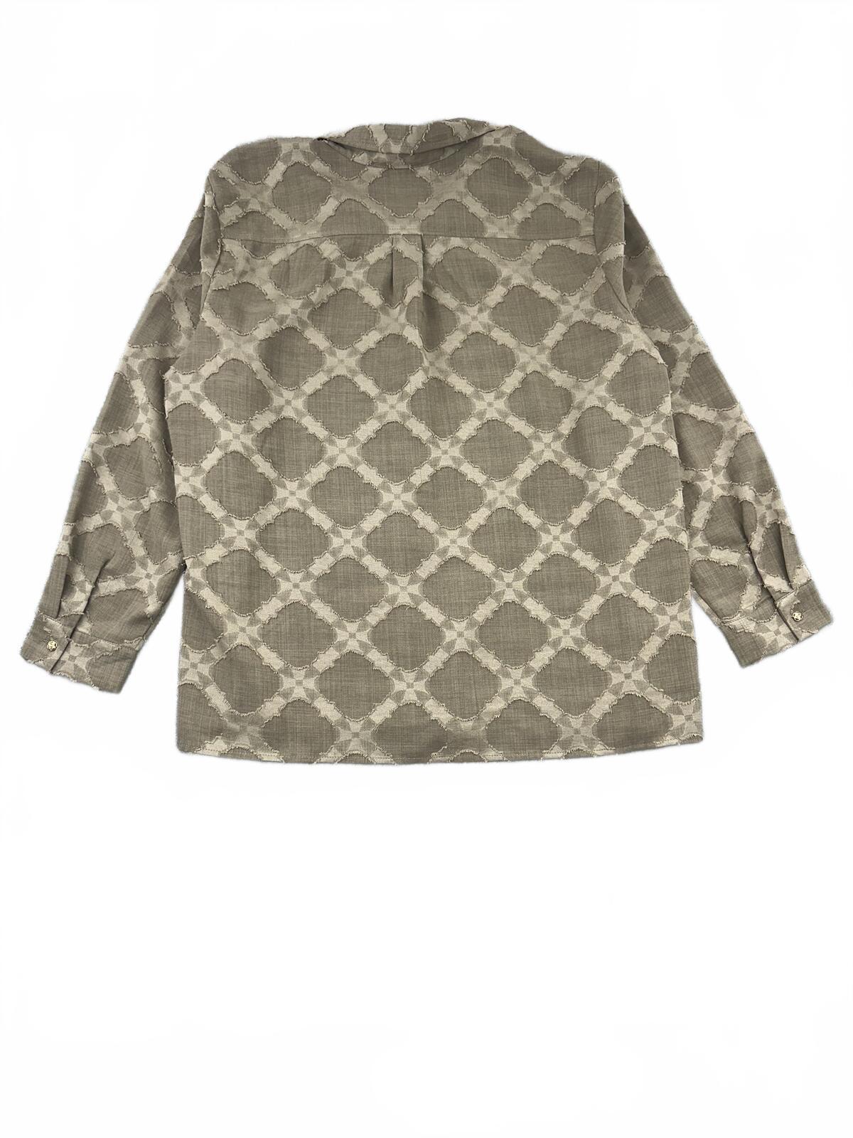 Susan Graver Textured Taupe Button Up Shirt Large Relaxed Fit Long Sleeve Casual