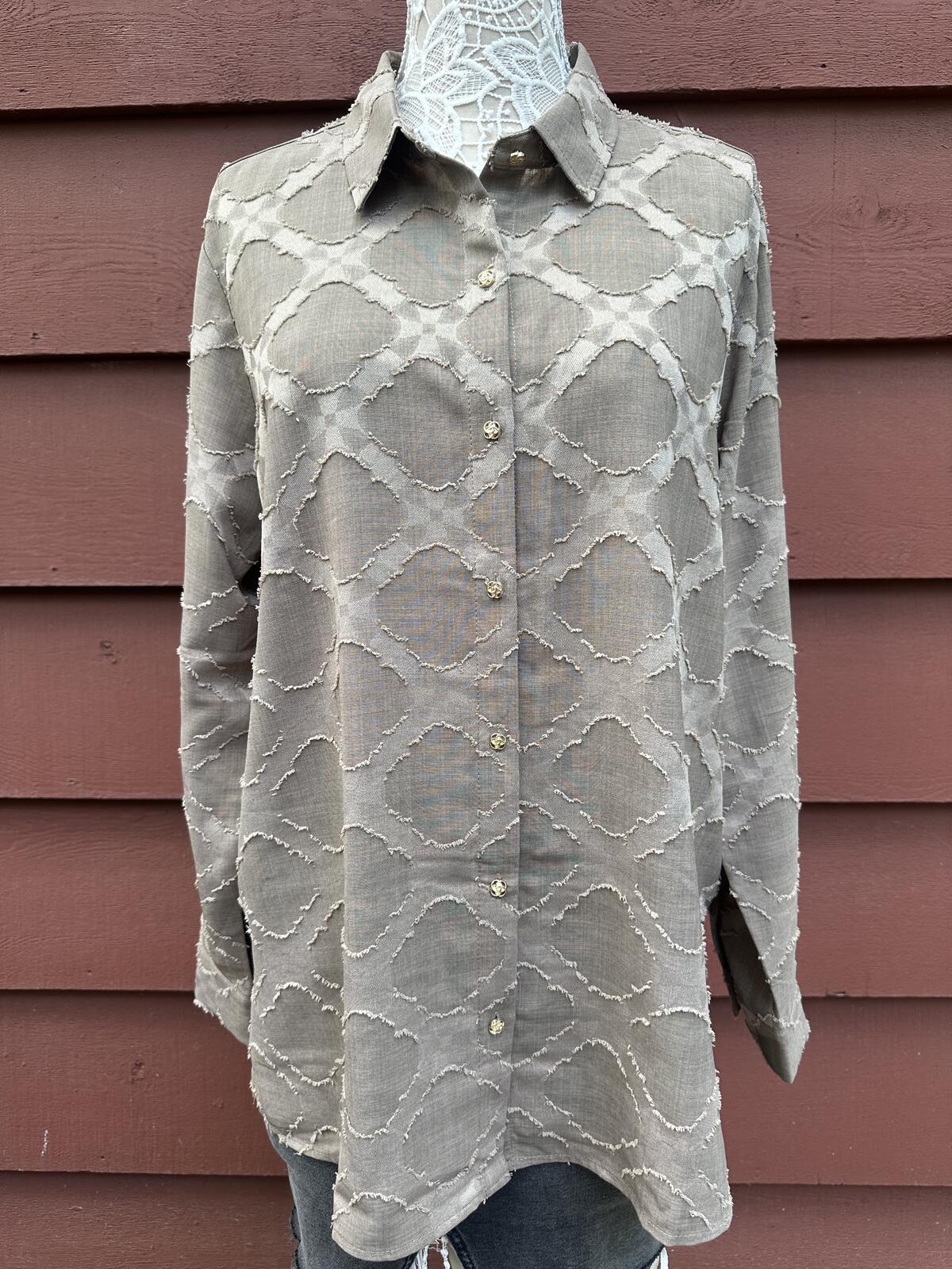 Susan Graver Textured Taupe Button Up Shirt Large Relaxed Fit Long Sleeve Casual