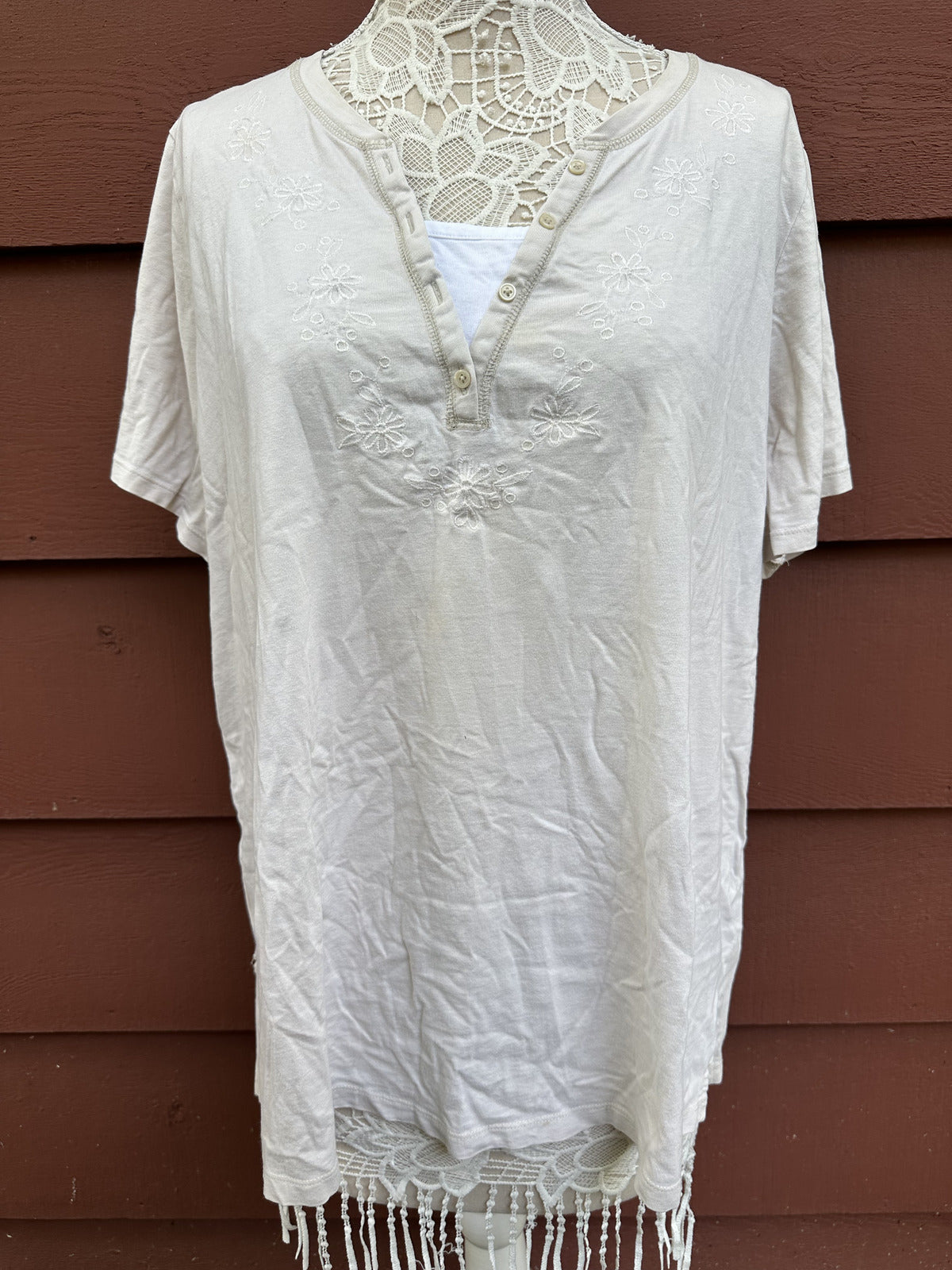 White Stag Boho Embroidered Henley Top Neutral Beige Casual Cottage