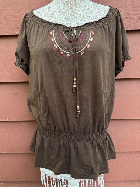 Croft & Barrow Brown Bohemian Embroidered Peplum Top