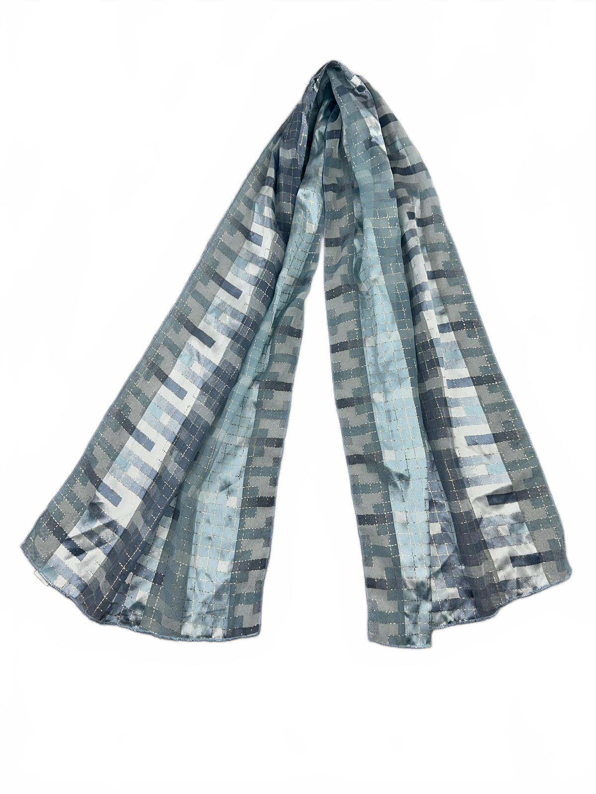 Blue Geometric Pattern Scarf with Metallic Stitching