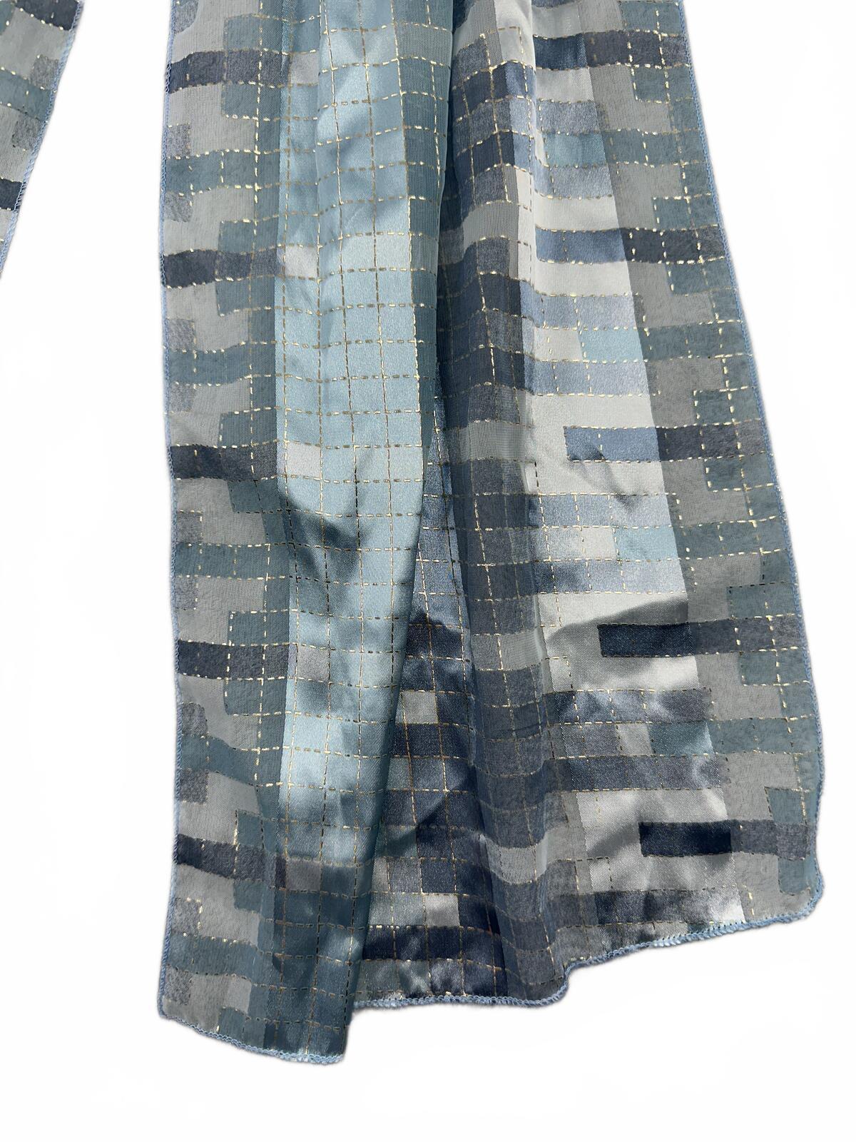 Blue Geometric Pattern Scarf with Metallic Stitching