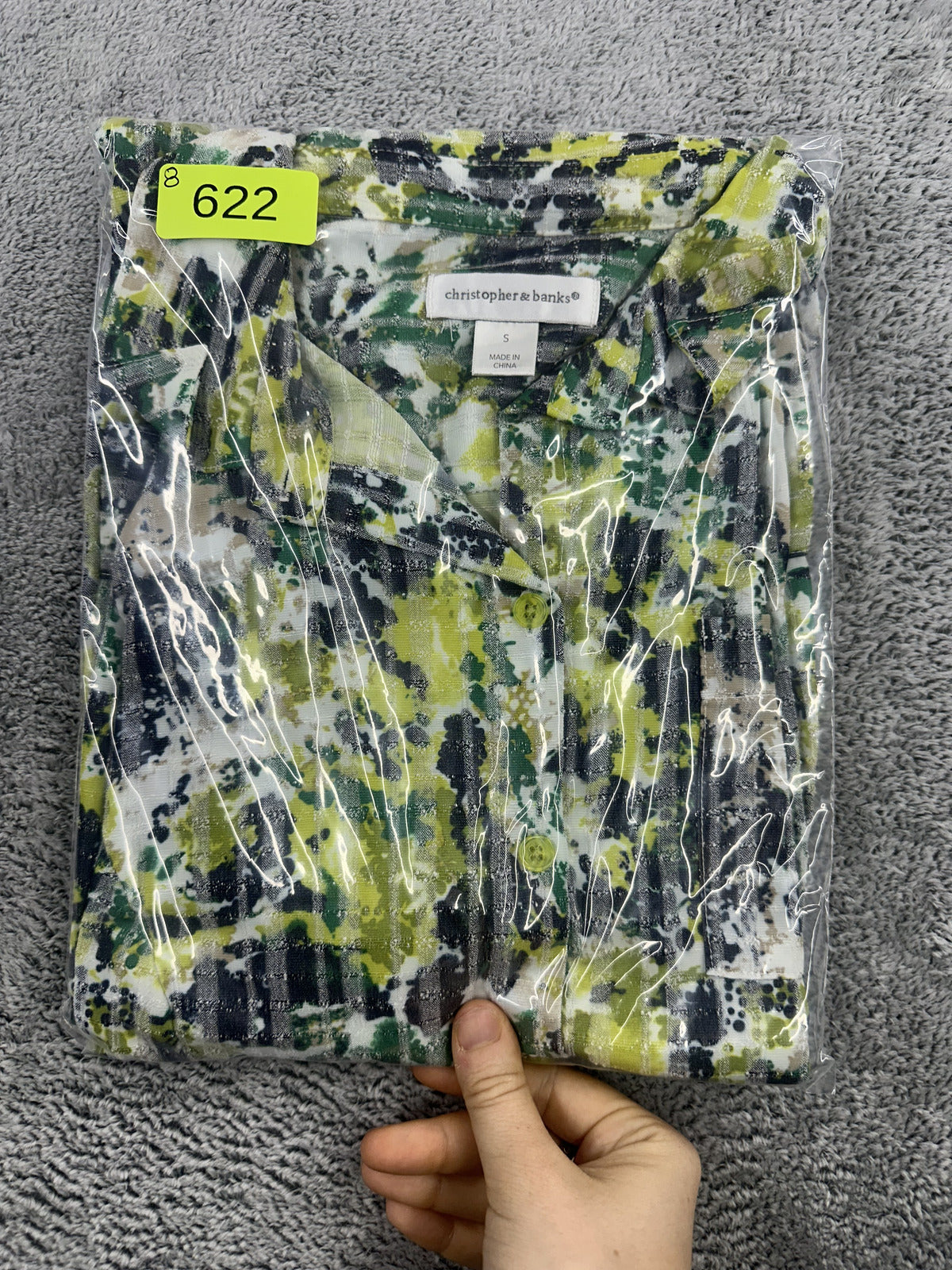 Christopher & Banks Floral Button Down Blouse Yellow Green Textured Stripe 3/4