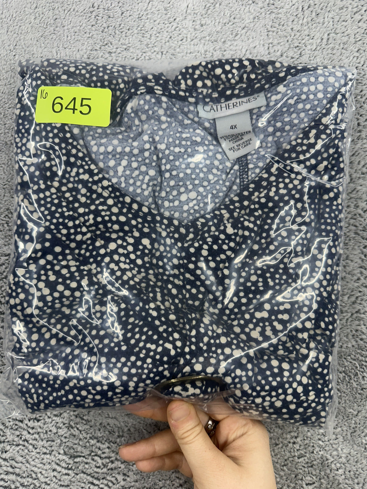 Catherines Navy Blue and White Dot Pattern V Neck Top with Decorative Ring