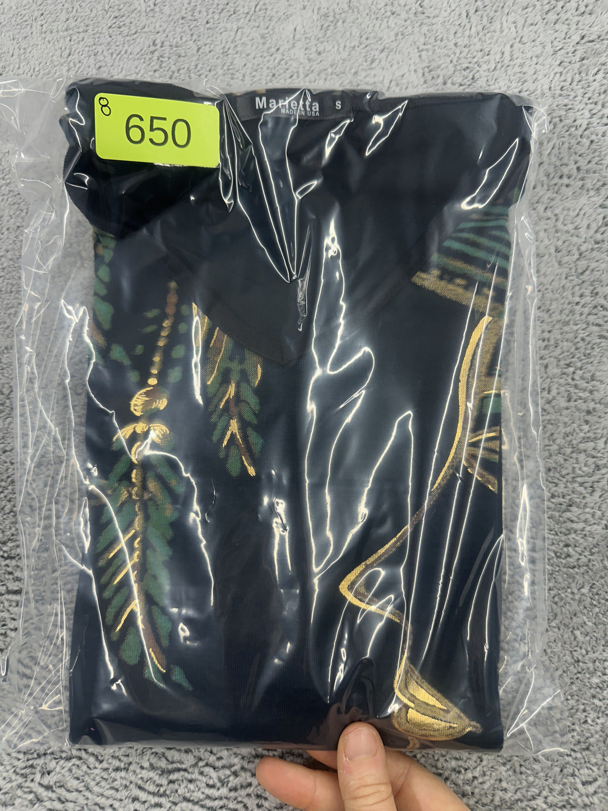 Marietta Artistic Profile Print V Neck Top Black Green Gold Y2K Bohemian
