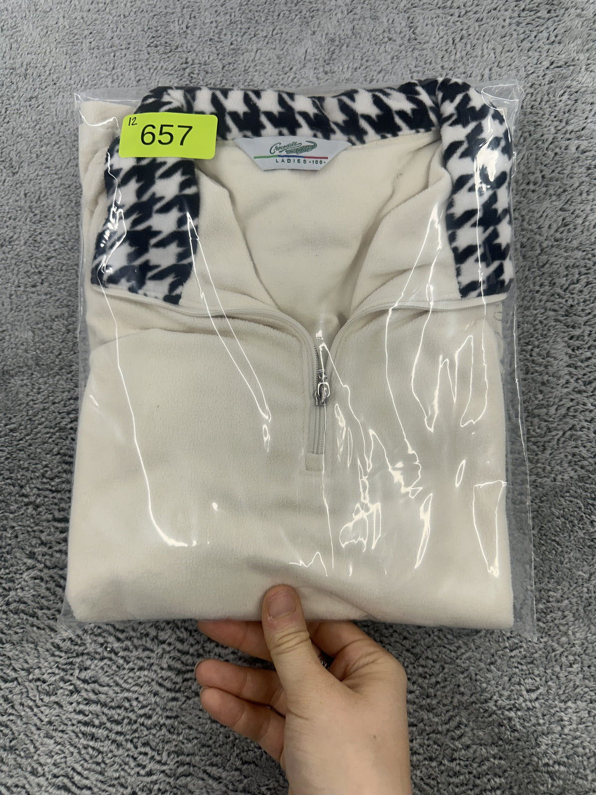Crocodile White Fleece Quarter Zip Pullover with Houndstooth Collar