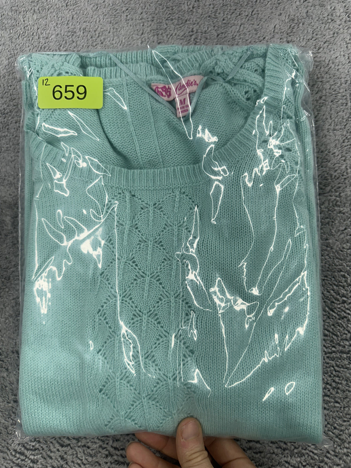 Candie's Vintage Mint Green Crewneck Sweater with Open Knit Crochet Pattern Y2K
