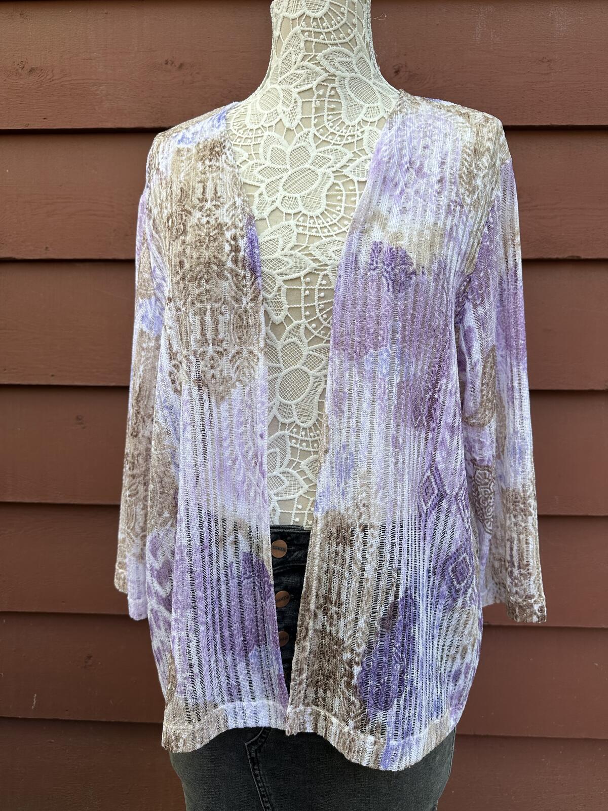 Alfred Dunner Bohemian Lavender Beige Textured Knit Cardigan Large Layer