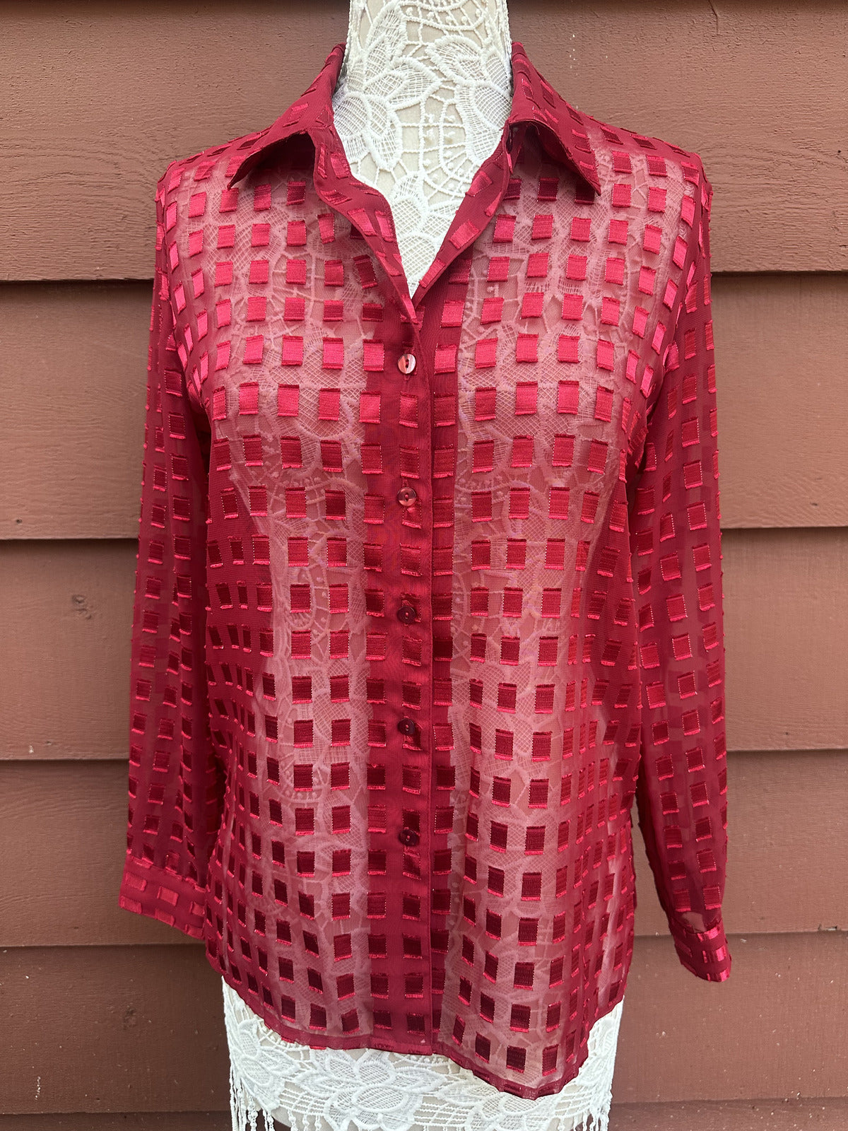 Notations Vintage Sheer Red Checkered Burnout Blouse Y2K Indie Office