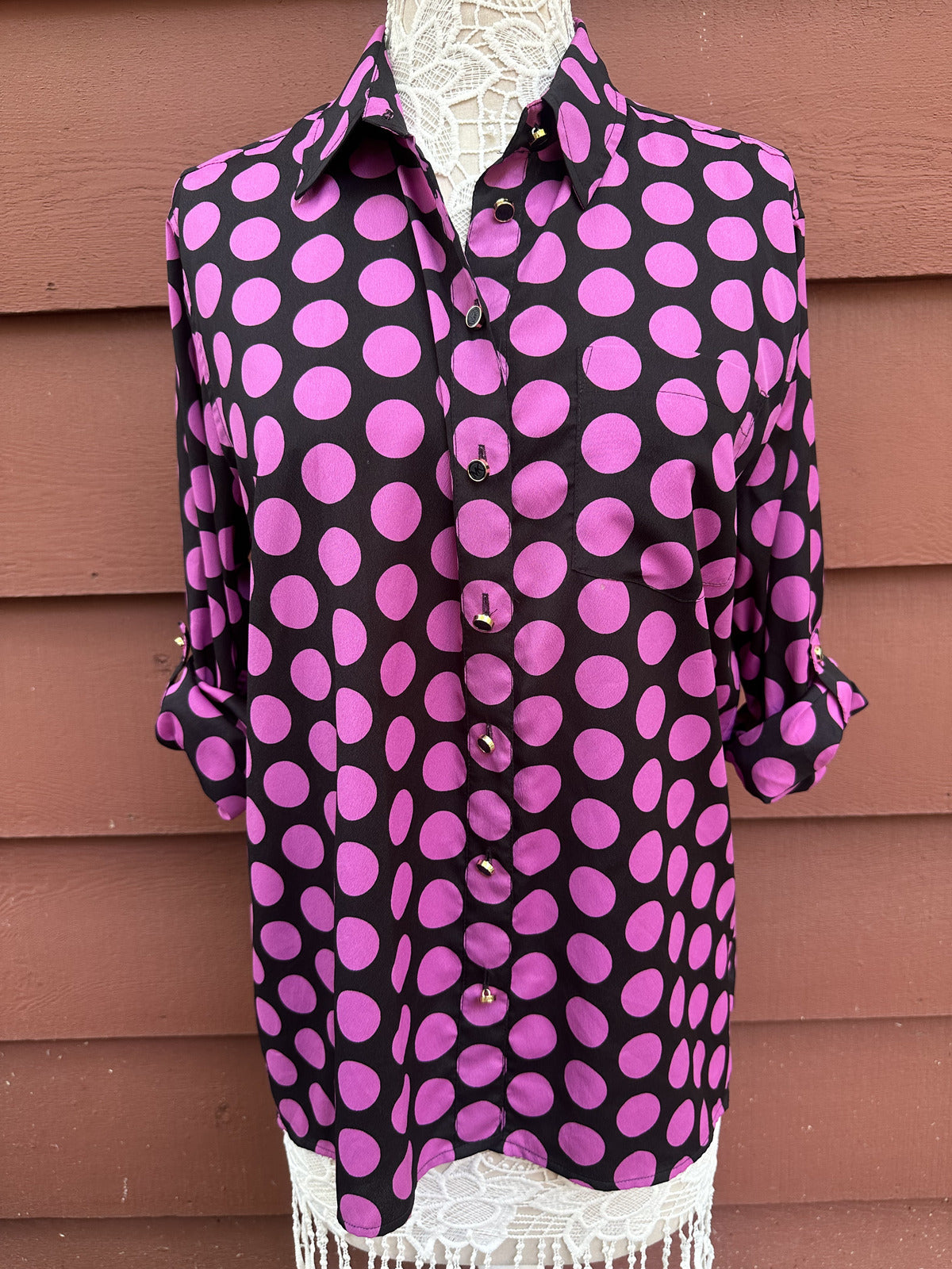 Michael Kors Black and Hot Pink Polka Dot Button Down Blouse Y2K
