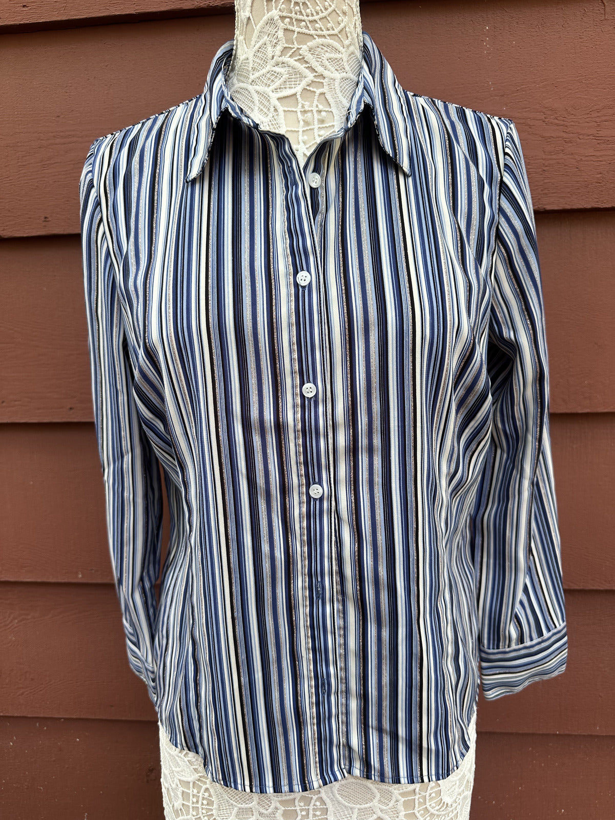 East 5th Women's Striped Button Down Shirt Blue Multi Vertical Stripes