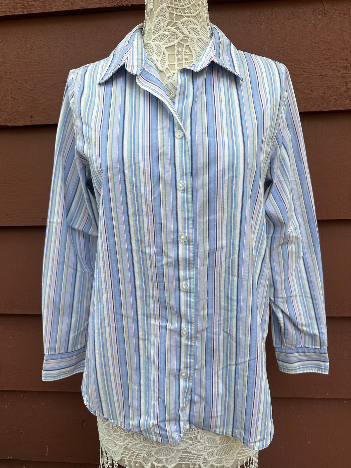 Liz Lange Maternity Striped Button Up Shirt Y2K Preppy Vintage Pastel Blue